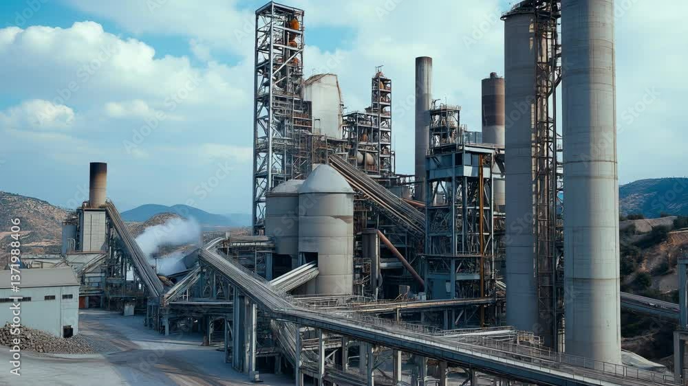 Large cement factory with massive kilns, mixers, and conveyor belts for raw material transport Large cement factory with massive kilns, mixers, and conveyor belts for raw material transport