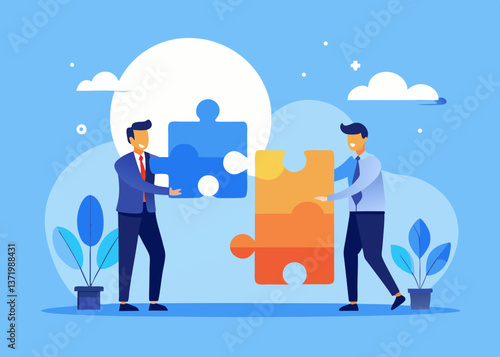 Business recruitment, giant businessman with magnifying glass, miniature job candidates, corporate hiring, flat illustration style, vibrant colors, blue suit, yellow tie, textured background, simplifi
