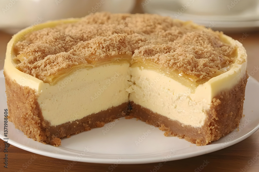 Delicious crumb-topped cheesecake slice on table Delicious crumb-topped cheesecake slice on table