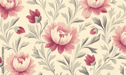 Wallpaper Mural Vintage floral pattern with pink and beige flowers on a cream background Torontodigital.ca