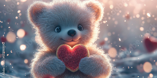 A Fluffy Baby Bear Holding a Heart-Shaped Balloon for Cute, Adorable, and Animal-Themed Projects