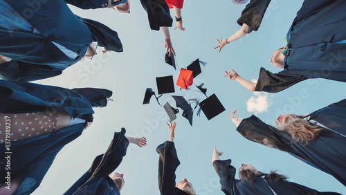 Group of graduates tossing their graduation caps into the air against a blue sky, celebrating the end of their studies
