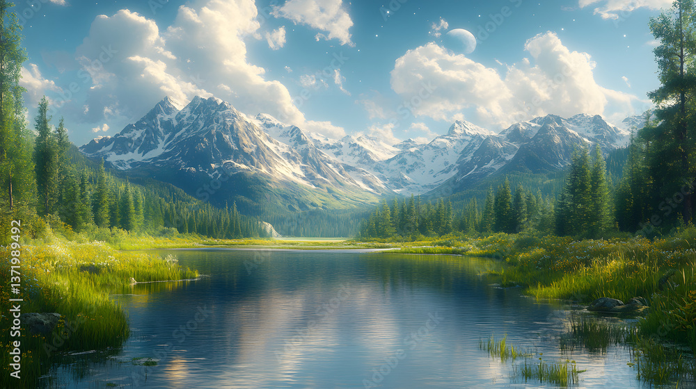 Fototapeta premium A beautiful mountain landscape with a large body of water in the foreground
