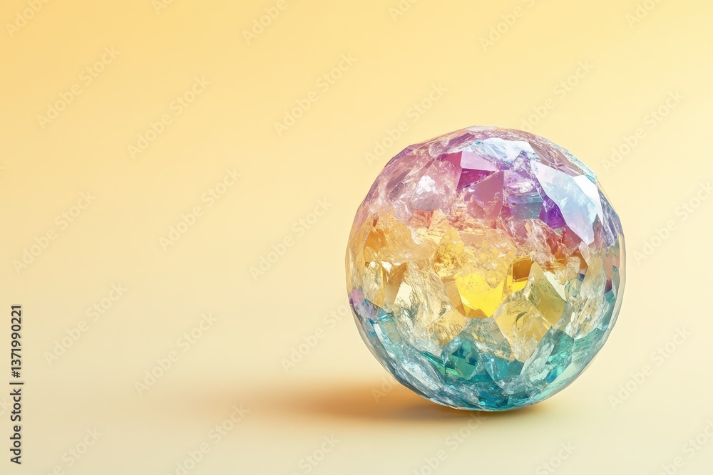 A colorful sphere of fractured crystal sits against soft yellow background A colorful sphere of fractured crystal sits against soft yellow background