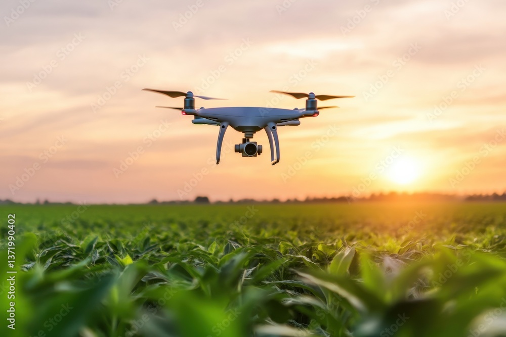 Drone flying over field at sunset Drone flying over field at sunset