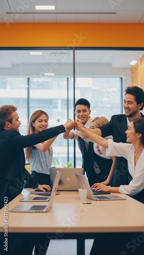 Successful colleagues celebrate achievement bumping fists in collaborative office space business