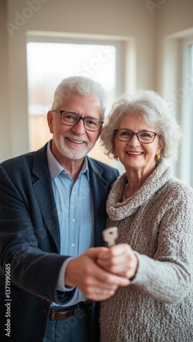 Elderly couple displays house keys indoors joyfully near bright window purchase