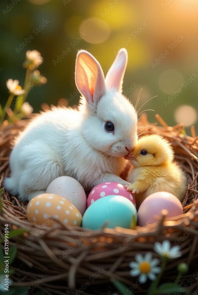 Adorable bunny and chick nestled together in a bird's nest amongst colorful Easter eggs bathed in warm sunlight Adorable bunny and chick nestled together in a bird's nest amongst colorful Easter eggs bathed in warm sunlight