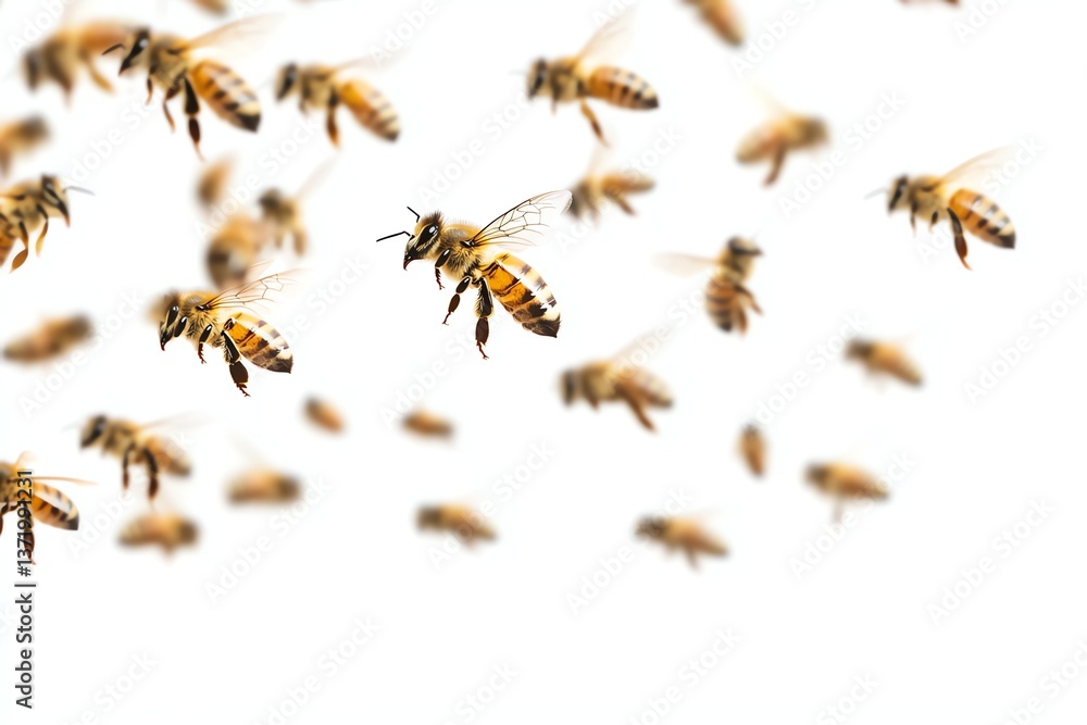 Bees Flying in Flight with White Background Swarm of Insects Bees Flying in Flight with White Background Swarm of Insects