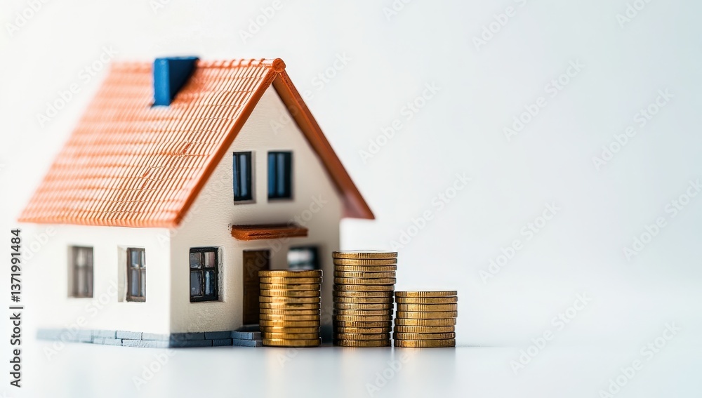Miniature House With Stacked Coins Representing Investment Savings Miniature House With Stacked Coins Representing Investment Savings