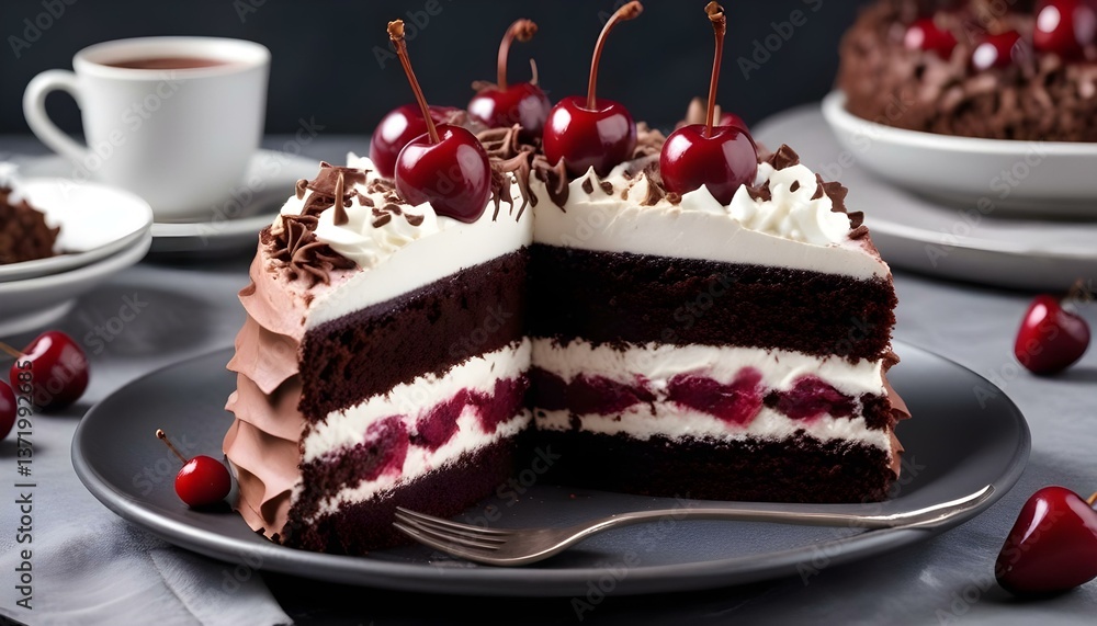 A close-up shot features a slice of Black Forest cake on a black plate, accompanied by a fork A close-up shot features a slice of Black Forest cake on a black plate, accompanied by a fork