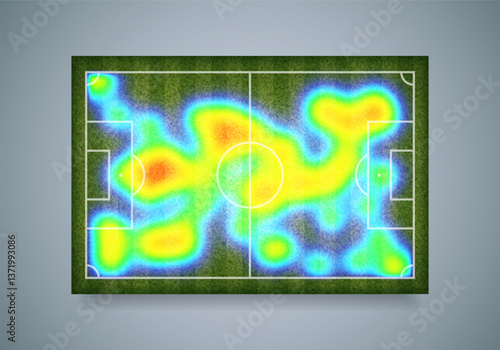 Heat map on soccer field. Player movement data. Vector illustration.