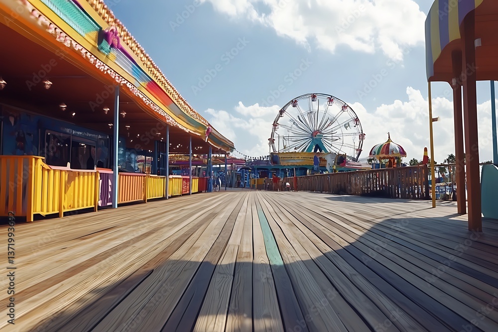 Fototapeta premium Boardwalk at a colorful amusement park with a Ferris wheel on a sunny day