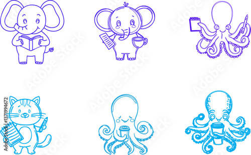 Playful Collection: Whimsical illustrations of charming animal characters, each engaged in delightful activities, perfect for adding a touch of fun.