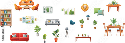 Furnishing: A vibrant collection of stylish furniture and decor elements, including comfy sofas, armchairs, bookshelves, tables, and decorative plants, suggesting cozy interiors and inviting spaces.