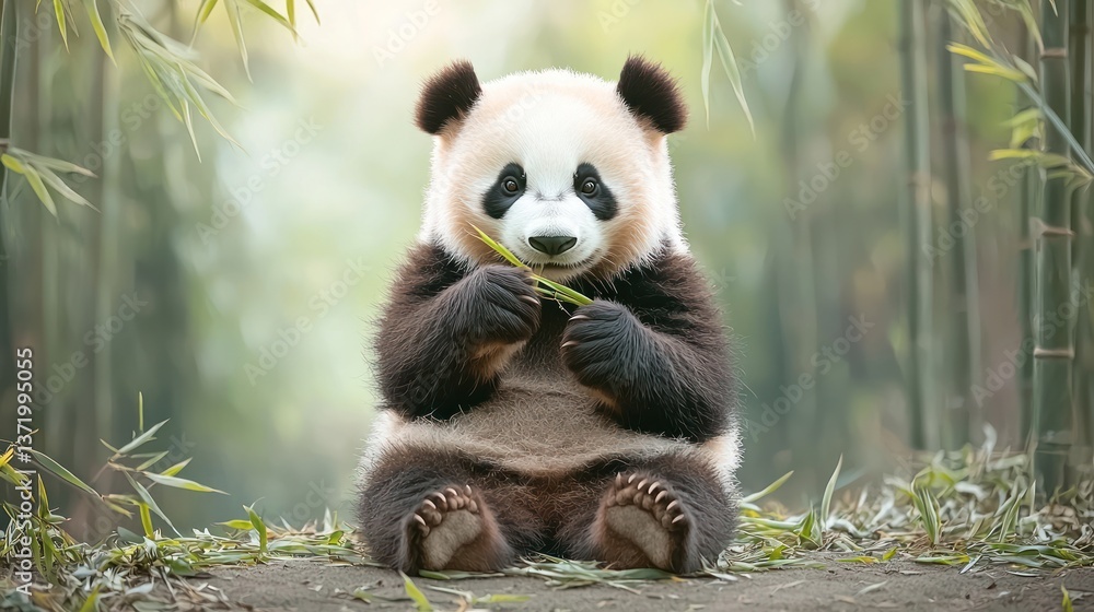 Fototapeta premium Cute Panda Cub Eats Bamboo