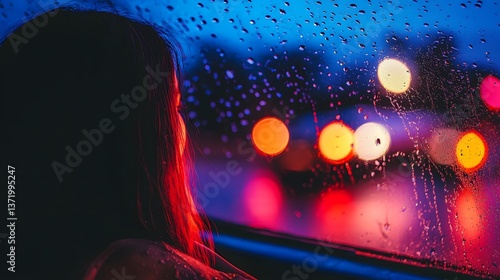 Contemplation in Transit: A lone figure gazes out of a rain-streaked car window at the blurred lights of the city at dusk, captured with emotive flair.