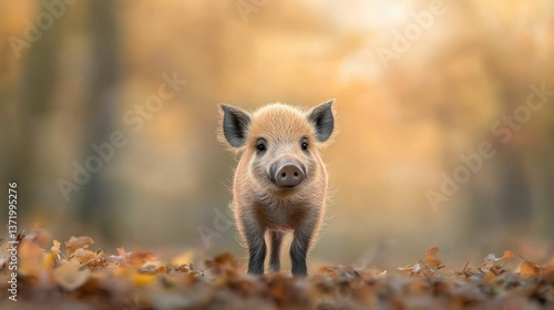 Cute piglet in autumn leaves