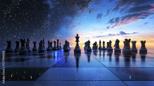 Futuristic chess tournament set against cosmic backdrop, featuring black chess pieces on reflective board
