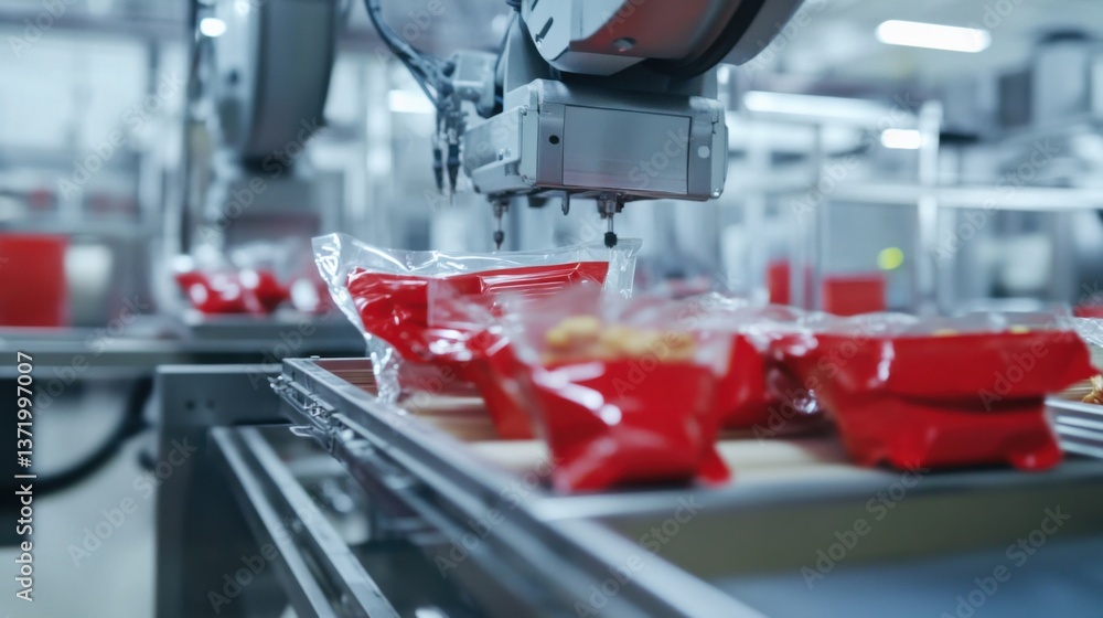 Robotic arm performing high speed packaging in a food processing plant, automated food production facility with robotic arms packaging food products, High-tech style Robotic arm performing high speed packaging in a food processing plant, automated food production facility with robotic arms packaging food products, High-tech style