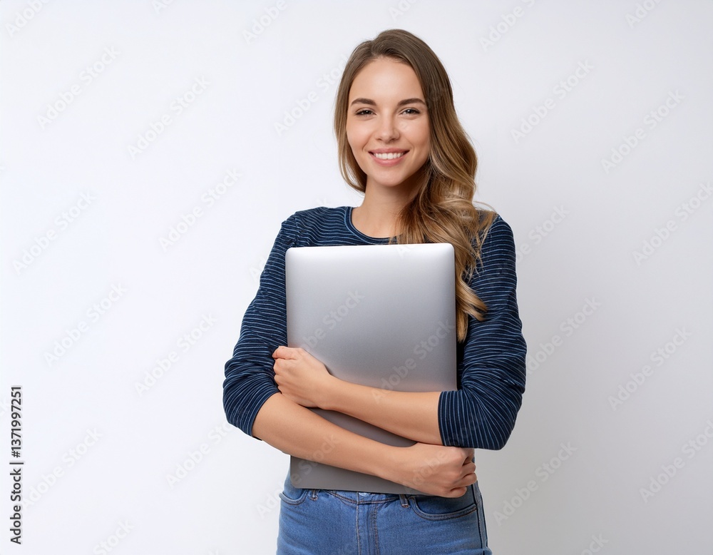 A college student, smiling and holding, white background A college student, smiling and holding, white background