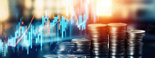 Stock Market Business Concept with Double Exposure of Coins and Financial Graph