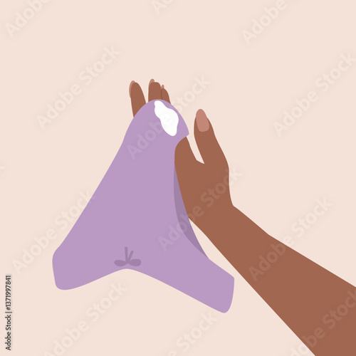 Close up of woman hand holding underwear with white discharge. Woman white vaginal discharge on panty. vaginal infection .vector illustration