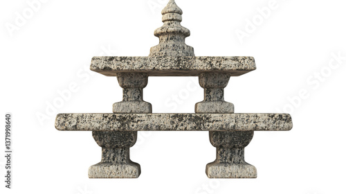 A modular stone pagoda shelf with stackable tiers carved from weathered granite, designed for small zen garden decor, isolated on white background