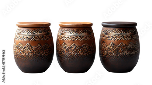 A set of three Japanese ceramic garden stool in graduated sizes with traditional patterns and warm earth tones, isolated on white, high-quality PNG render
