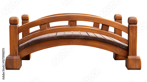 A wooden Japanese garden bridge designed as a small bench, made from teak wood with a natural finish, isolated on white background, 2025 USA trend, high-quality PNG