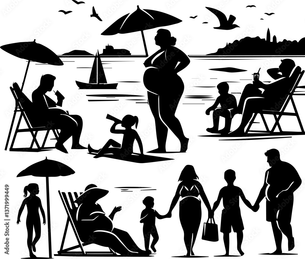 Fototapeta premium Families Enjoying a Day at the Beach Silhouette Art