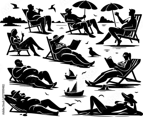 People relaxing on the beach, enjoying summer, in a black silhouette style  