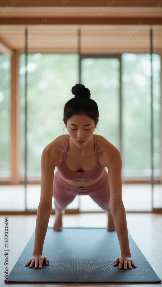 Obraz premium Asian woman balances doing plank pose yoga studio bright interior