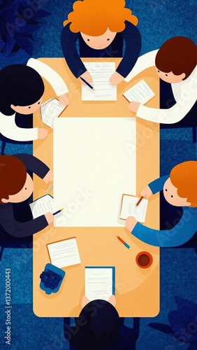 Team brainstorms ideas writing papers around table in workspace illustration