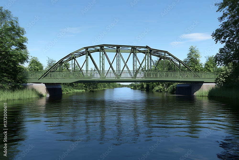 Fototapeta premium Green bridge over river with blue water and clear sky, surrounded by trees