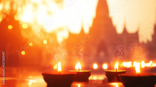 lanterns and burning incense in the courtyard of Wat Phnom Temple, blurred background shows the silhouette of the main temple, orange to white gradient