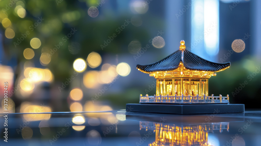 Fototapeta premium beautifully illuminated miniature shrine with traditional design, reflecting light in serene setting