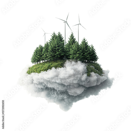 earth day concept in paper cut style Floating island with trees and wind turbines on clouds.