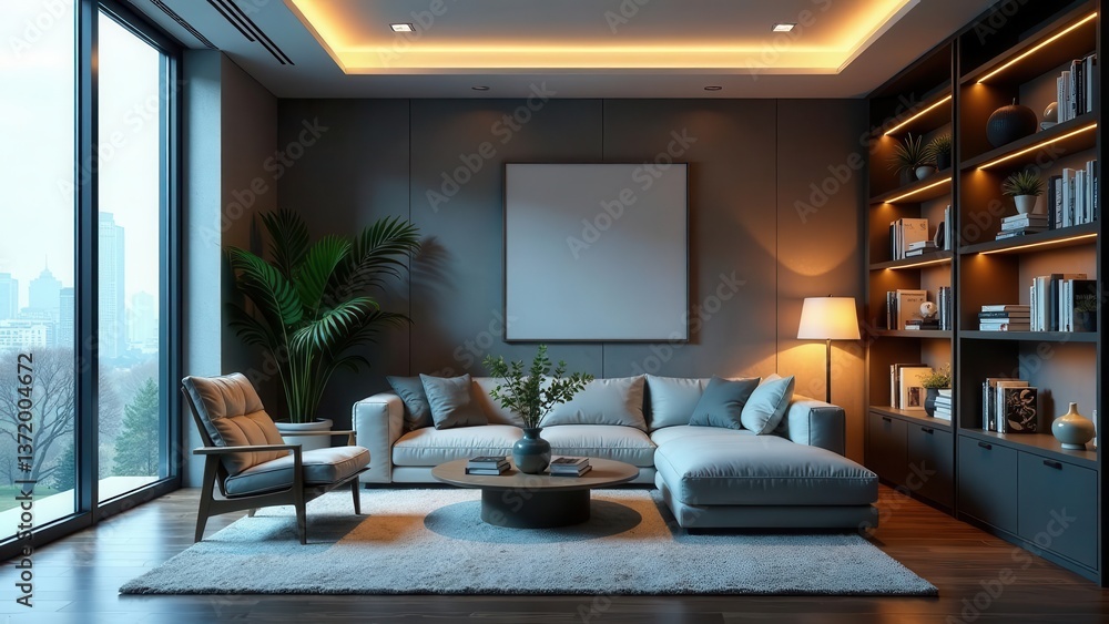 Serene Evening in a Modern Living Space with Ambient Lighting and a Large Window Serene Evening in a Modern Living Space with Ambient Lighting and a Large Window