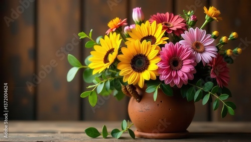 Wallpaper Mural Vibrant Sunflowers and Gerbera Daisies in a Rustic Earthenware Vase, a Stunning Floral Arrangement Displayed on a Wooden Surface Torontodigital.ca