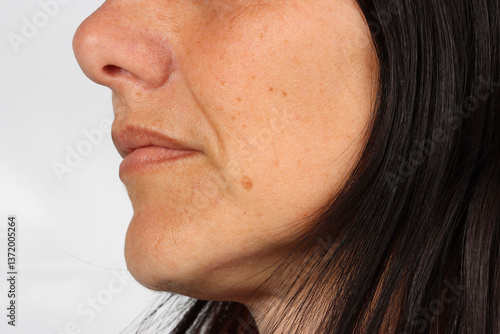 close-up, profile, woman, 40 years old, Caucasian, wrinkles, fine lines, aging, skin texture, natural beauty, face, realistic, portrait, mature, detailed, soft lighting