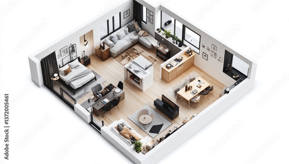 Modern Apartment Design: Open-Plan Living Space with Stylish Furniture and Decor Modern Apartment Design: Open-Plan Living Space with Stylish Furniture and Decor