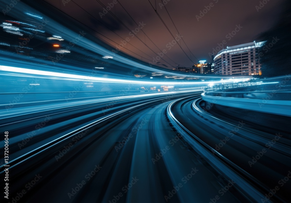 Dynamic motion blur of train tracks curving through a city at night Dynamic motion blur of train tracks curving through a city at night
