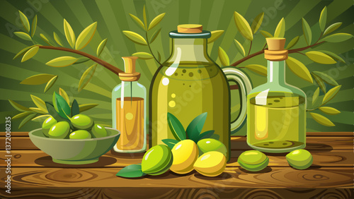 green olives with olive oil. extra virgin olive oil jars on a wooden background. place for text
