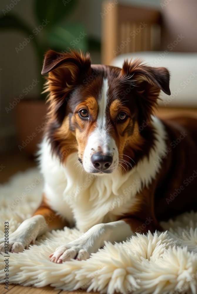 A charming border collie dog rests comfortably on a fluffy rug, exhibiting a serene and peaceful demeanor A charming border collie dog rests comfortably on a fluffy rug, exhibiting a serene and peaceful demeanor