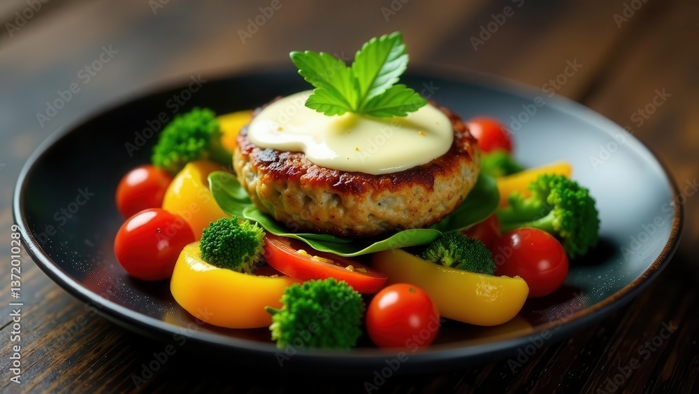 Savory Chicken Patty with Creamy Sauce Served on a Bed of Colorful Fresh Vegetables Savory Chicken Patty with Creamy Sauce Served on a Bed of Colorful Fresh Vegetables