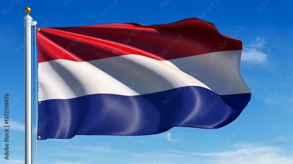 Vibrant flag of the Netherlands waving against a clear blue sky, symbolizing national pride and identity Vibrant flag of the Netherlands waving against a clear blue sky, symbolizing national pride and identity