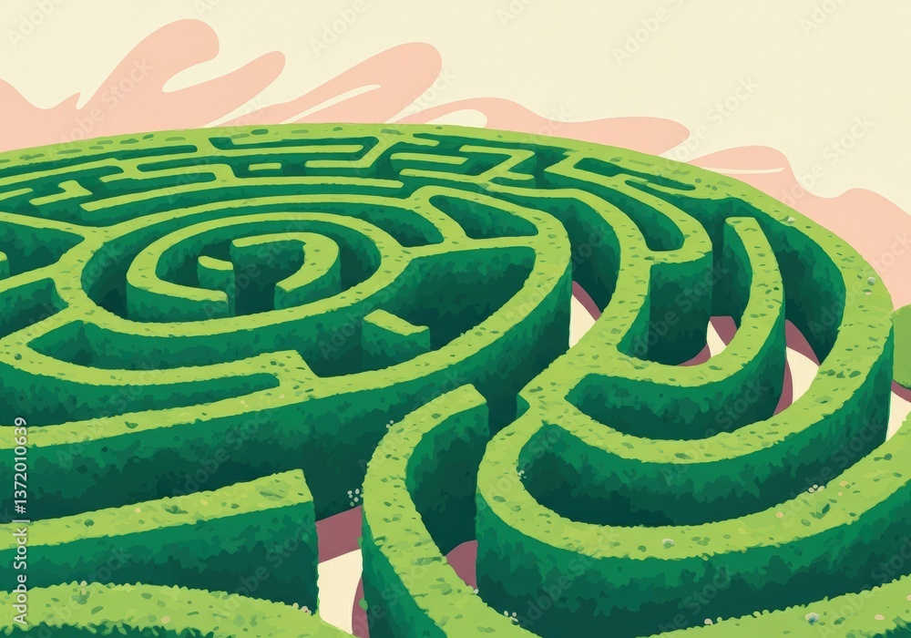 Aerial view of a lush green maze with intricate pathways and design Aerial view of a lush green maze with intricate pathways and design