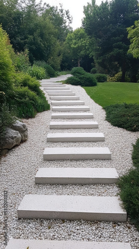 Stone path stairway, leading up through a lush green garden Stone path stairway, leading up through a lush green garden