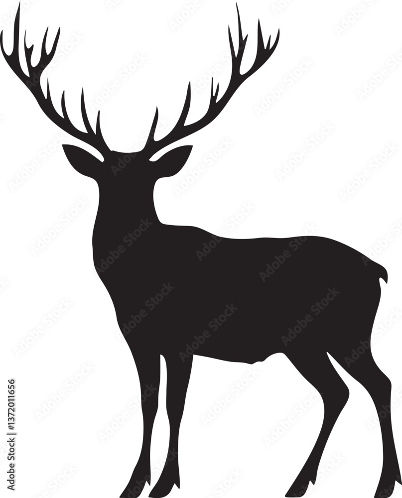 Obraz premium Black flat silhouette vector icon, A large stag with big antlers standing proudly